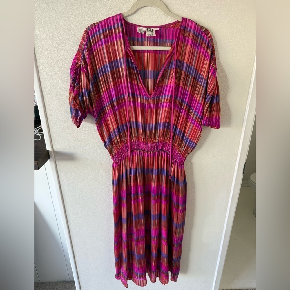 Vibrant Vintage Multicolor V-Neck Midi Dress